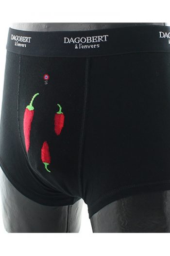 Boxer Piments noir en coton d'Egypte. Un modèle réversible et assorti aux chaussettes . De la marque Dagobert à l'envers. Fabrication française