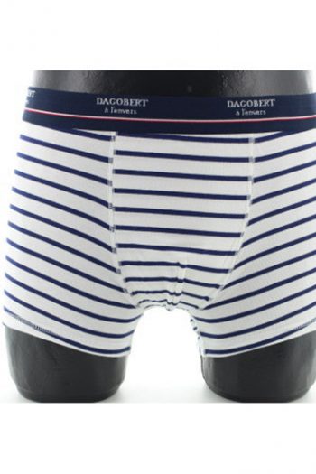 Boxer Croisière rayé marine et blanc en coton. De la marque Dagobert à l'envers. Une fabrication exclusivement française.