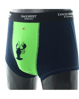 Boxer fantaisie à motifs fond marine et vert avec un homard en coton d'Égypte de la marque Dagobert à l'envers. Fabriqué en France.