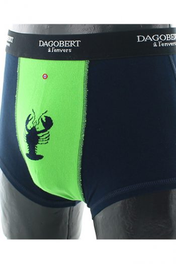 Boxer fantaisie à motifs fond marine et vert avec un homard en coton d'Égypte de la marque Dagobert à l'envers. Fabriqué en France.