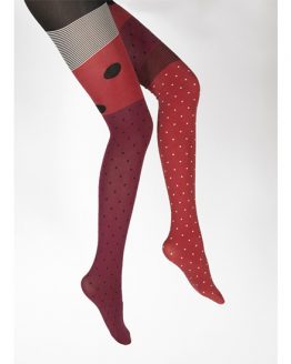 Collants pois asymétriques 60 deniers rouge et noir résistants de la marque Berthe aux grands pieds. Fabrication Française.