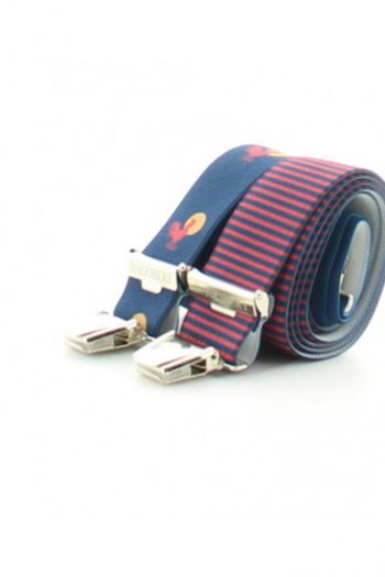 Bretelles aux motifs de coqs asymétriques rayées. Une création de la marque Dagobert à l'envers. Une fabrication 100% française.