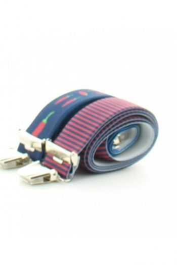 Bretelles aux motifs de piments asymétriques rayées. Une création de la marque Dagobert à l'envers. Une fabrication 100% française.