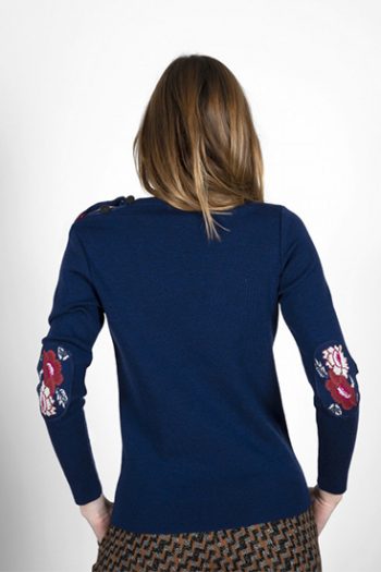 Pull marin femme fleurs Kyoto en pur laine mérinos, en collaboration avec Royal Mer et Berthe Aux Grands Pieds. Une fabrication 100% française