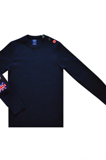 Pull God Save Berthe bleu marine pour femme de la marque Berthe Aux Grands Pieds. En pure laine mérinos. Fabrication exclusivement française.