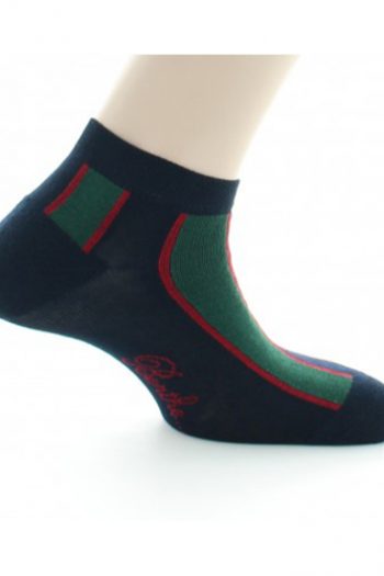 Socquettes fantaisies aux rayures verticales vertes et rouges sur un fond noir. De la marque Berthe Aux Grands Pieds. Fabrication française.