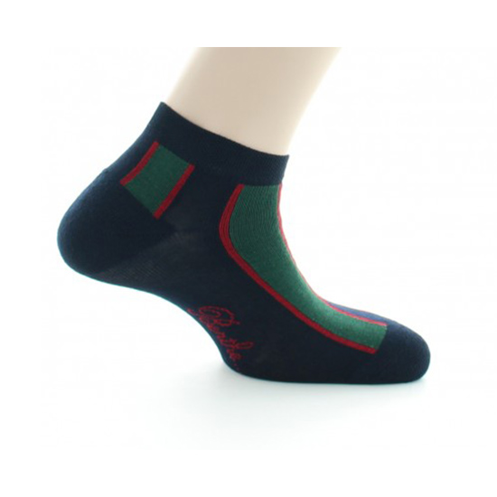 Socquettes fantaisies aux rayures verticales vertes et rouges sur un fond noir. De la marque Berthe Aux Grands Pieds. Fabrication française.