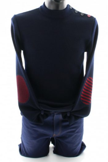 Pull homme coudières asymétriques rayées style marin Berthe aux Grands Pieds en pure laine vierge. Fabriqué en France par Royal Mer.