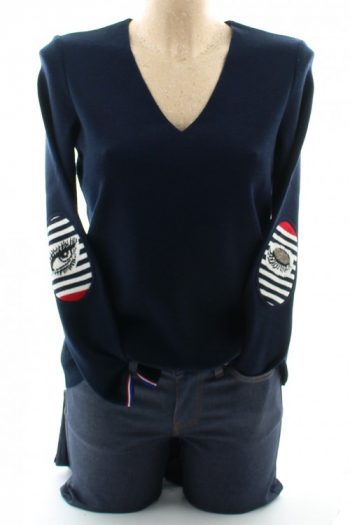 pull femme col v oeil marine