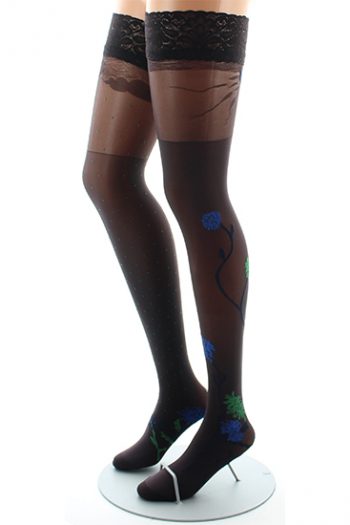 Bas auto-fixant 40 deniers , aux motifs d'agapanthes vertes et bleues fond prune. De la marque Berthes aux grands pieds. Fabrication Française