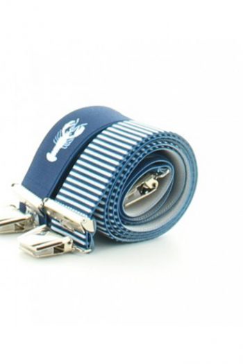 Bretelles aux motifs d'homards asymétriques rayées. Une création de la marque Dagobert à l'envers. Une fabrication 100% française.