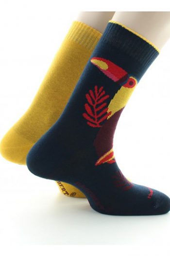 Chaussettes Toucan Réversibles en coton de la marque Dagobert à l'envers. Un toucan d'un coté et uni de l'autre. Fabrication Française.