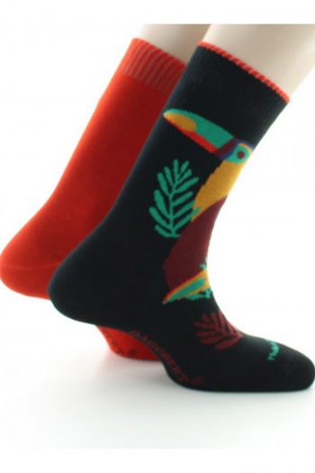 Chaussettes Toucan Réversibles Rouge en coton de la marque Dagobert à l'envers. Un toucan d'un coté et uni de l'autre. Fabrication Française.