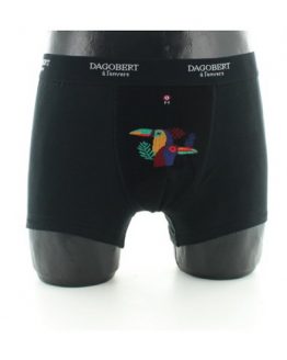 Boxer Coton Toucan Noir, modèle réversible et assorti aux chaussettes. De la marque Dagobert à l'envers. Une fabrication exclusivement française.