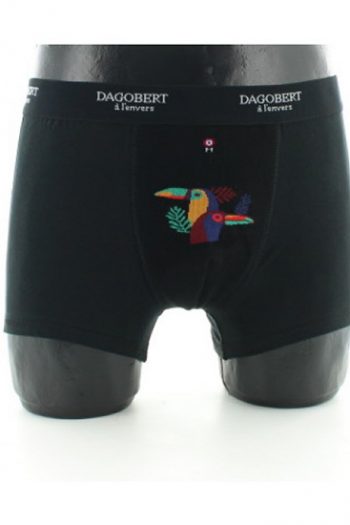 Boxer Coton Toucan Noir, modèle réversible et assorti aux chaussettes. De la marque Dagobert à l'envers. Une fabrication exclusivement française.
