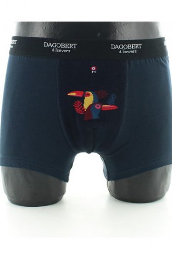 Boxer réversible en coton aux motifs de toucan marine, de la marque Dagobert à l'envers. Fabrication exclusivement Française.