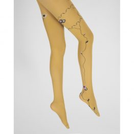 Collants Ocre Semi-Opaque à Fleurs Roses et Beiges, de la marque Berthe Aux Grands Pieds. Modèle en 40 deniers. Fabrication 100% française
