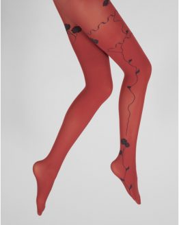 Collants Rouge Semi-Opaque à Fleurs Noires et Marines, de la marque Berthe Aux Grands Pieds. Modèle en 40 deniers. Fabrication 100% française