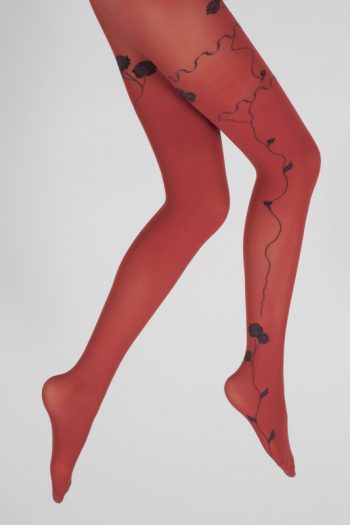 Collants Rouge Semi-Opaque à Fleurs Noires et Marines, de la marque Berthe Aux Grands Pieds. Modèle en 40 deniers. Fabrication 100% française