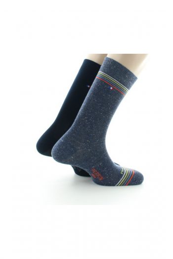 Lot de deux paires de chaussettes chinées et unies en coton peignés. Se décline en Marine et noir. Fabrication Française par Perrin 1924.