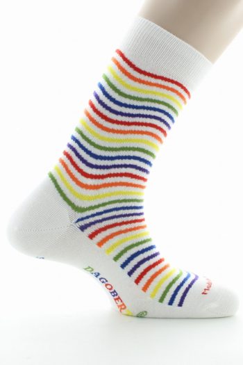 Chaussettes Vagues Multicolores sur un fond blanc en coton d'Égypte de la marque Dagobert à l'envers. Fabrication exclusivement française.