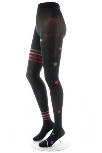 Collants Asymétrie pois et rayures , de la marque Berthe Aux Grands Pieds. Modèle en 40 deniers. Fabrication 100% française.