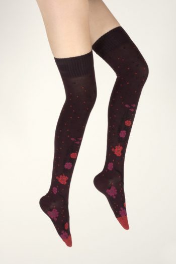 Jambières Couleurs d'Automne, en coton. Les motifs sont orangés sur un fond prune. De la marque Berthe Aux Grands Pieds. Une Fabrication 100% française