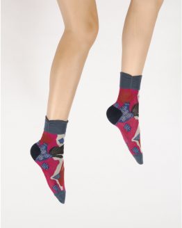 Chaussettes Femme Fleurs Sauvage en fil d'Écosse. Coloris Fuchsia, rouge et bleu. Berthe Aux Grands Pieds, Fabrication Française