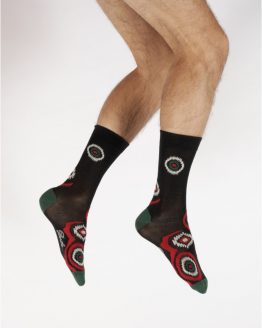 chaussettes homme graphisme géométrique. En fil d'écosse. Coloris noir, vert, rouge et blanc. Berthe Aux Grands Pieds. Fabrication Française