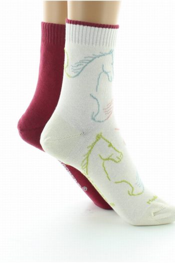 Chaussettes réversibles écru et bordeaux au motifs de chevaux. De la marque Dagobert à l'envers, fabrication française
