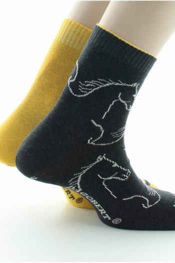 Chaussettes réversibles anthracite et jaune au motifs de chevaux. De la marque Dagobert à l'envers, fabrication française
