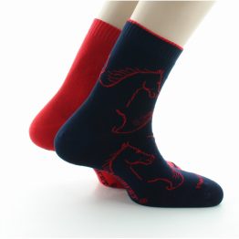 Chaussettes réversibles marine et rouges au motifs de chevaux. De la marque Dagobert à l'envers, fabrication française