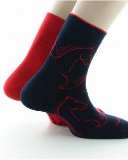 Chaussettes réversibles marine et rouges au motifs de chevaux. De la marque Dagobert à l'envers, fabrication française