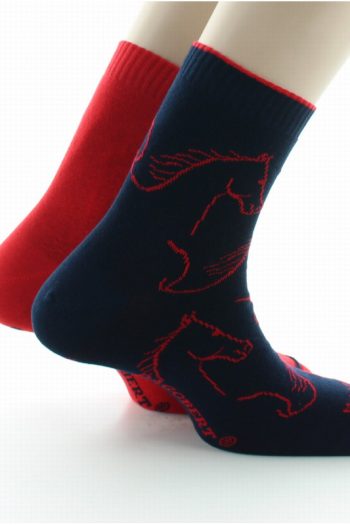 Chaussettes réversibles marine et rouges au motifs de chevaux. De la marque Dagobert à l'envers, fabrication française