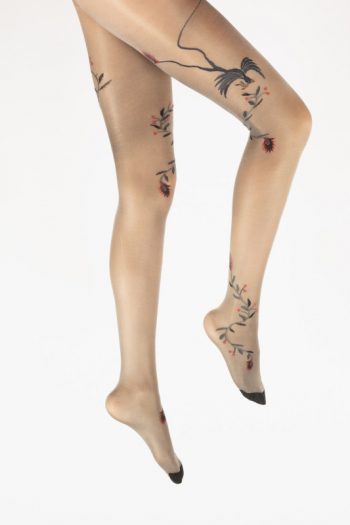 Collants 30D motif oiseau noir feuillage rouge. Fond gris clair irisé. Fabrication Française. Berthe Aux Grands Pieds