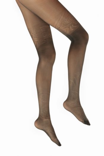 Collants semi-transparents 30 deniers. Maille irisée de couleur kaki. Motifs en maille dévorée. De la marque Berthe Aux Grands Pieds. Fabrication Française