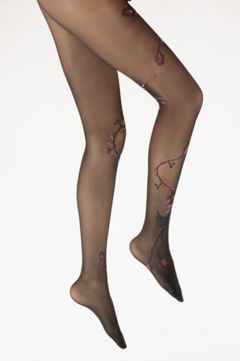 Collants 30 deniers motif d'un Oiseau bleu marine et rose sur un fond noir. De la marque Berthe Aux Grands Pieds. Fabrication Française