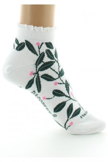 Socquettes blanches feuilles vertes. En coton bio. Volants aux niveau de l'élastique. Dagobert à l'envers. Fabrication Française
