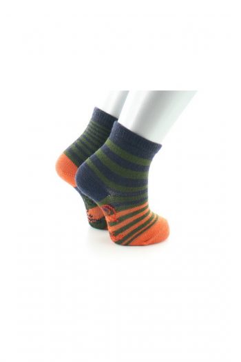 Chaussettes enfant Rayures asymétriques kaki marine et orange en laine et coton. De la marque Berthe Aux Grands Pieds. Fabrication exclusivement française.
