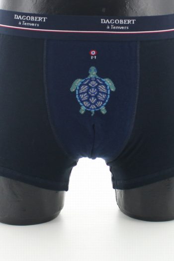 Boxer Tortue bleu marine. En coton. De la marque Dagobert à l'envers. Fabrication exclusivement française.