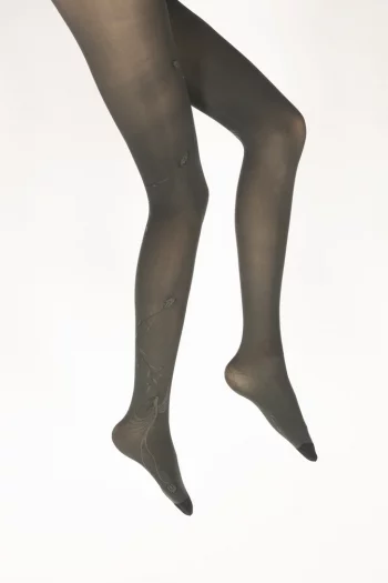 Collants 40D kaki chiné noir au motif d'un oiseau Lyre. De la marque Berthe Aux Grands Pieds. Fabrication exclusivement française.