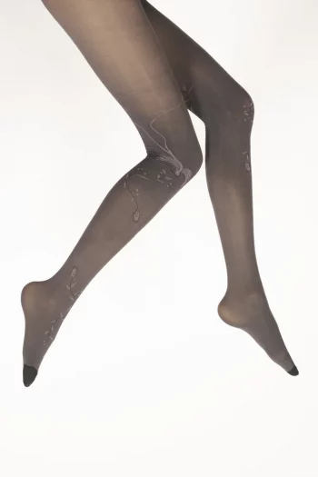 Collants 40D prune chiné noir au motif d'un oiseau Lyre. De la marque Berthe Aux Grands Pieds. Fabrication exclusivement française.