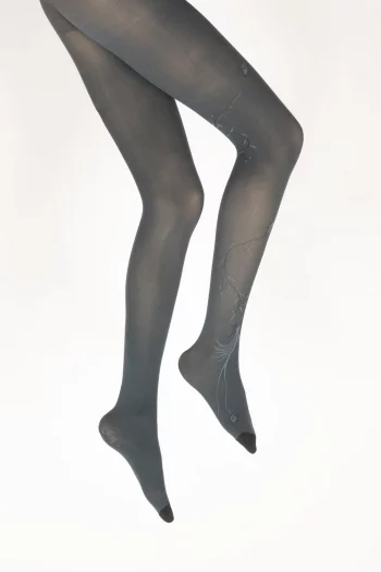 Collants 40D pétrole chiné noir au motif d'un oiseau Lyre. De la marque Berthe Aux Grands Pieds. Fabrication exclusivement française.