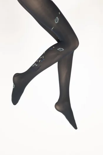 Collants 40D marine au motif d'un oiseau Lyre bleu. De la marque Berthe Aux Grands Pieds. Fabrication exclusivement française.