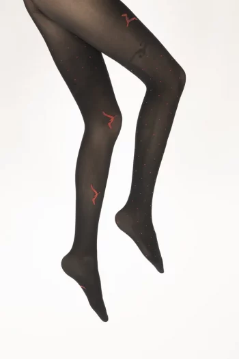 Collants 40D noir mouette rouge. Modèle asymétrique. De la marque Berthe Aux Grands Pieds. Fabrication exclusivement française.