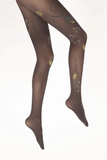 Collants 40D prune au motif d'un oiseau Lyre gris et jaune. De la marque Berthe Aux Grands Pieds. Fabrication exclusivement française.