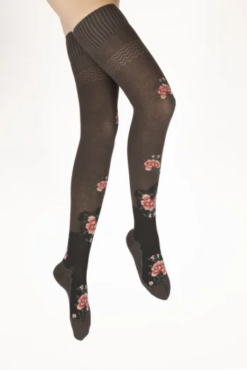 Jambières en coton et aux motifs de fleurs sur fond marron et noir. De la marque Berthe Aux Grands Pieds. Fabrication 100% française