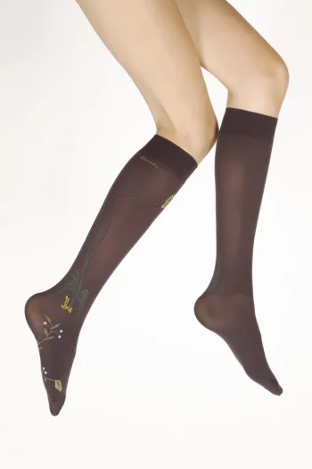 Mi-Bas 40D Prune Oiseau Lyre Gris et Jaune. En lycra 40 deniers. De la marque Berthe Aux Grands Pieds. Un produit fabriqué exclusivement en France .