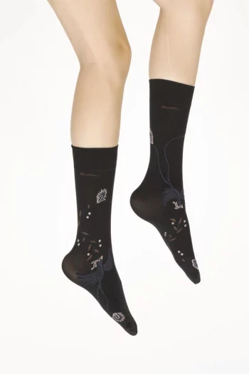 Mi-Bas 40D Noir Oiseau Lyre Marine Rose. En lycra 40 deniers. De la marque Berthe Aux Grands Pieds. Un produit fabriqué exclusivement en France .