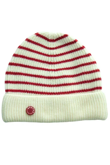 Bonnet mixte écru rayé rouge en pure laine mérinos de la marque Berthe aux Grands Pieds et fabriqué par Royal Mer. 100% Made in France.